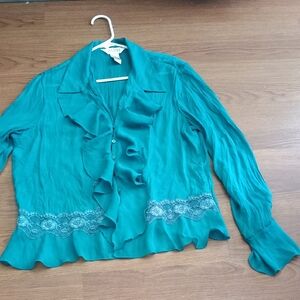 Allison Taylor Teal Ruffled Blouse with Lace Detail